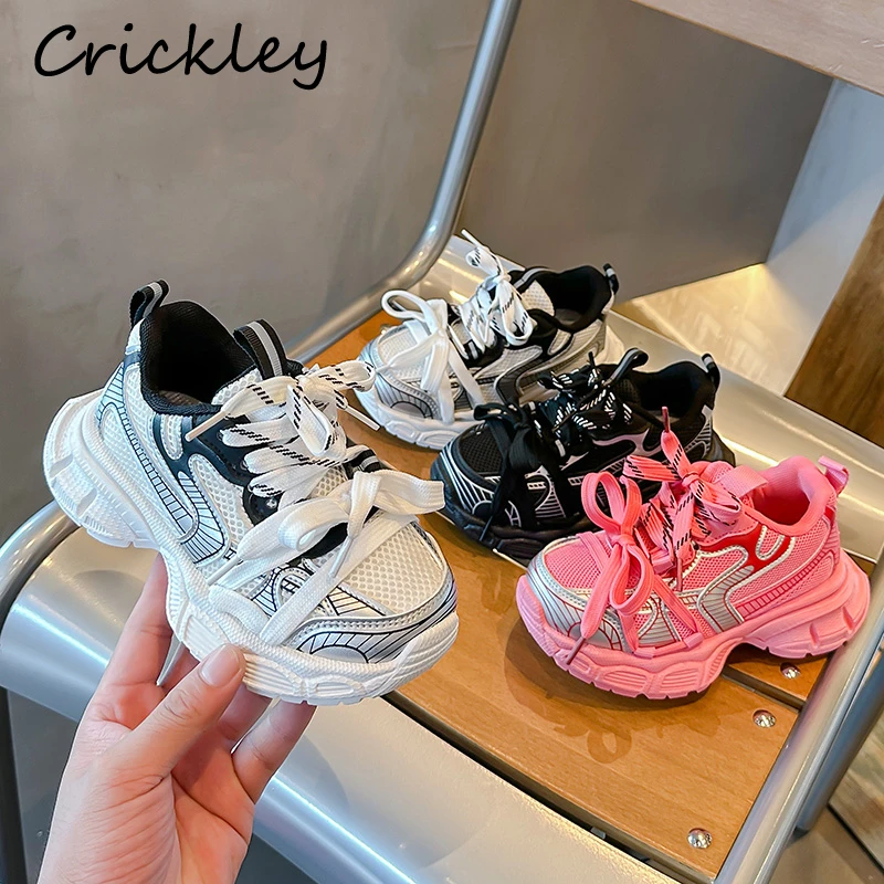 Fashion Patchwork Girls Boys Sneakers Design Mesh Hook Loop Children Running Shoes Breathable Soft Bottom Kids Sport Shoes