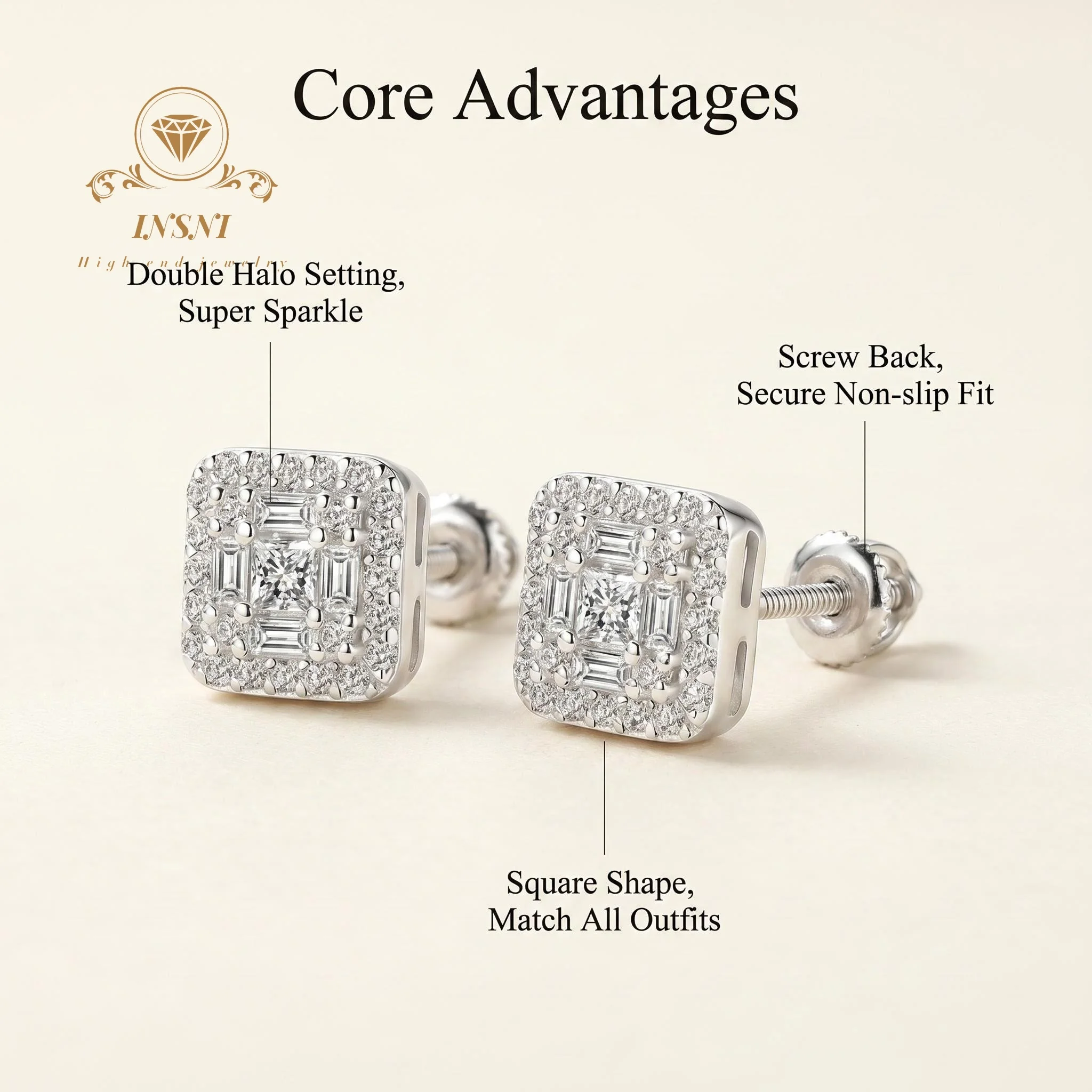 Hip Hop Popular S925 Sterling Silver Moissanite Earrings Square Rhombus Sugar Square Bag Men's and Women's Ear Jewelry