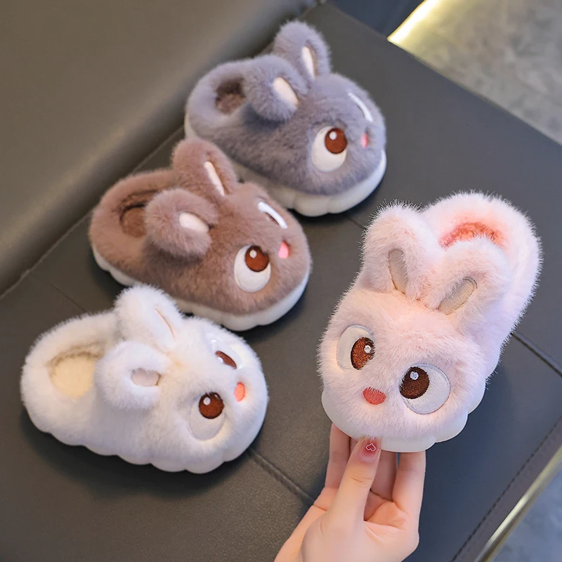 New Winter Cute Big eyed Rabbit Children\'s Waterproof Warm Non-slip Fluffy Slippers For Girls Boys Kids Indoor Home Cotton Shoes