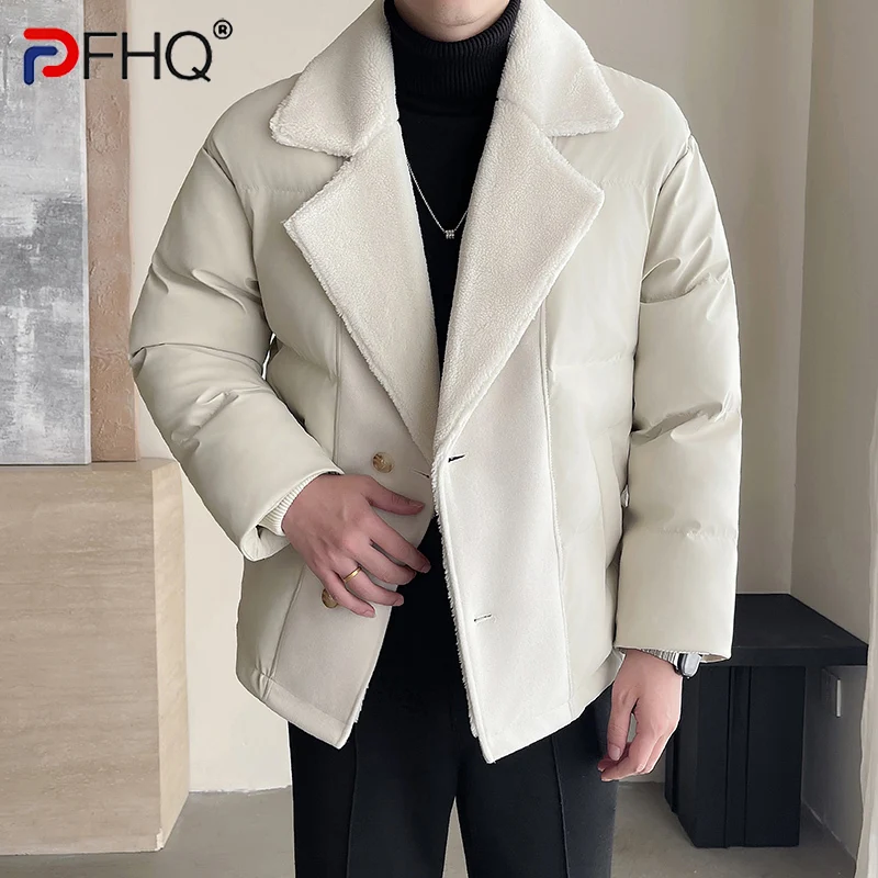 

PFHQ Winter Lamb Wool Collar Thick Cotton Coat Jacket 2024 Long Sleeve Patchwork PU Leather Coat Luxury Male Tops Fashion