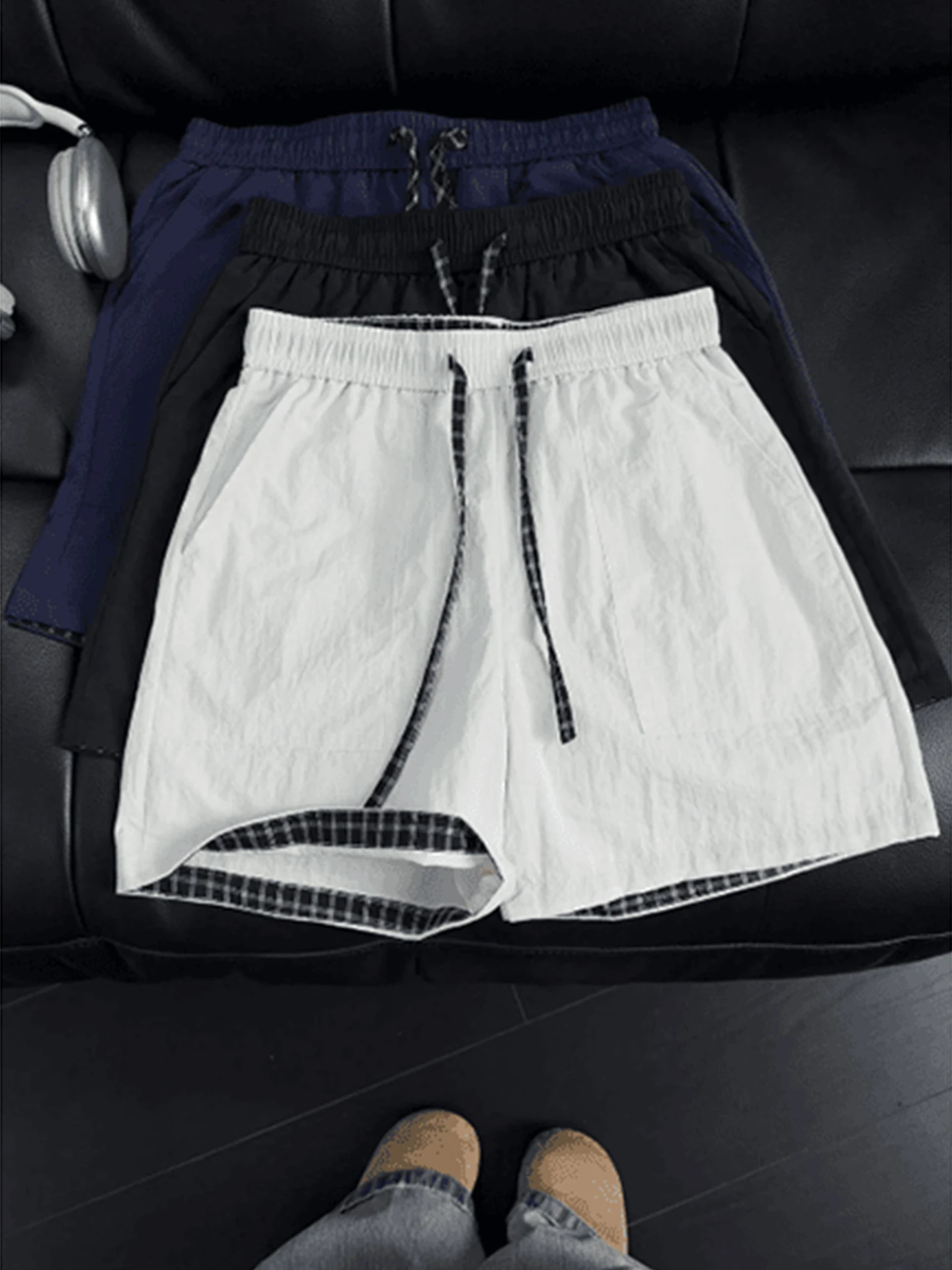 Quick Dry Ice Silk Five Inch Shorts Men's Summer Thin Sport Pants Fitness Training Outdoor Wear Checkered Patchwork Shorts