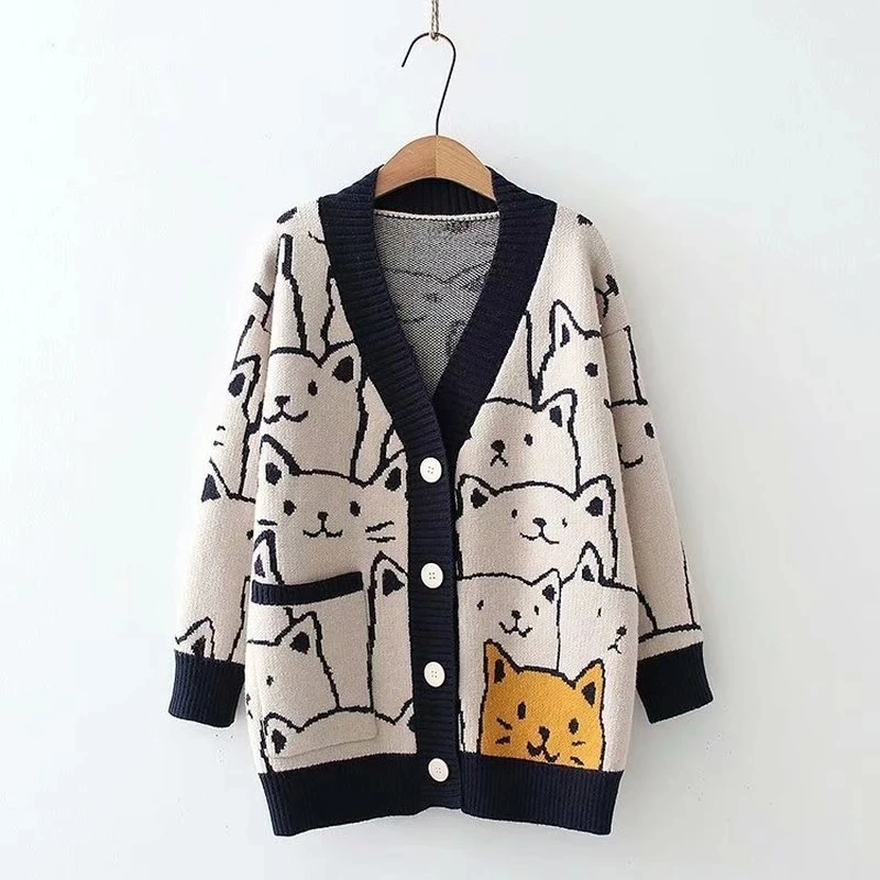 

Cartoon Cat Knitted Cardigans Sweater 2023 Spring Autumn Womens Harajuku Sweater Coat O-Neck Long Sleeve Ladies Cardigan Jacket