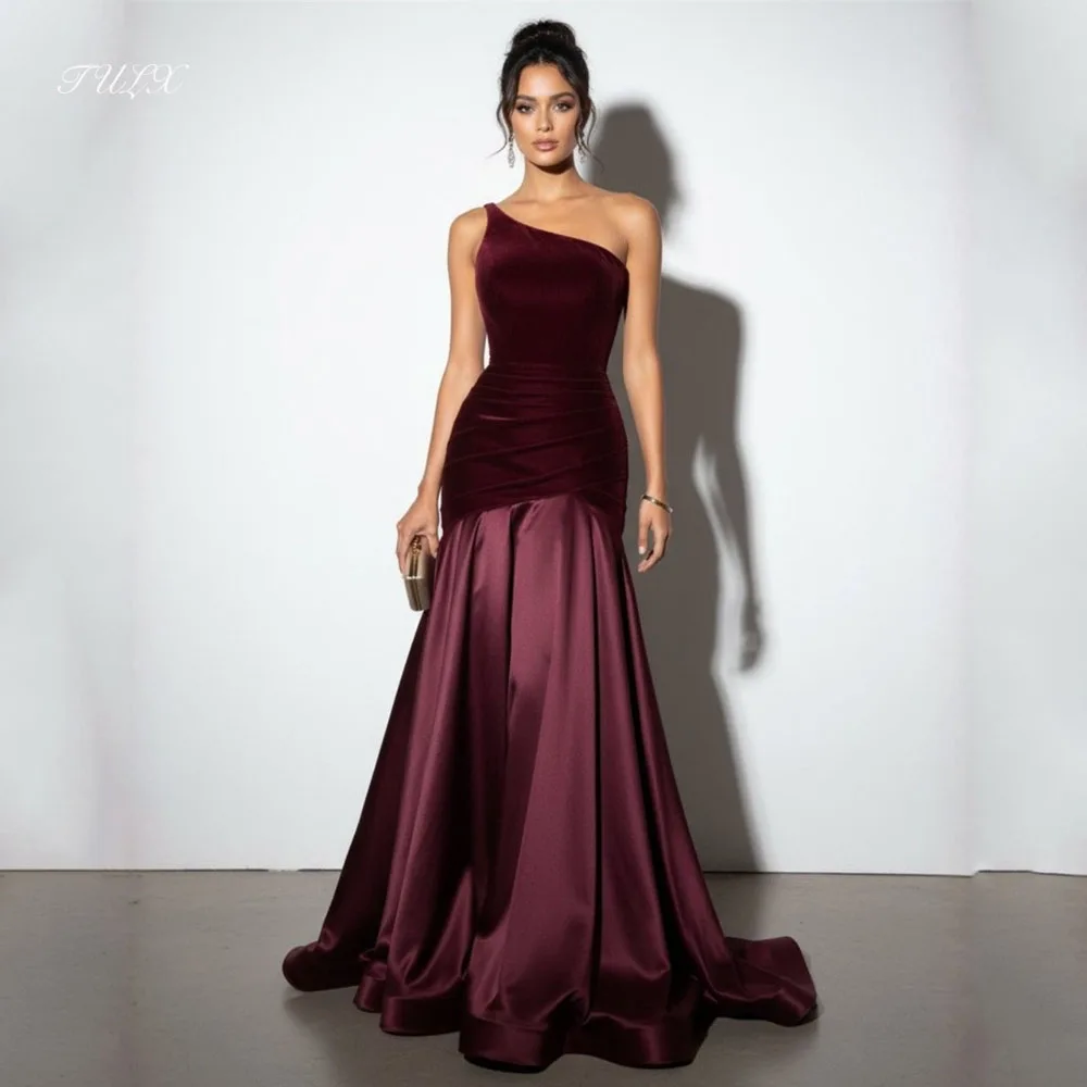 

TULX Elegant Wine Red Arabia Evening Dress One Shoulder Velvet Party Dresses Mermaid Long Satin Formal Occasion Dress Customized