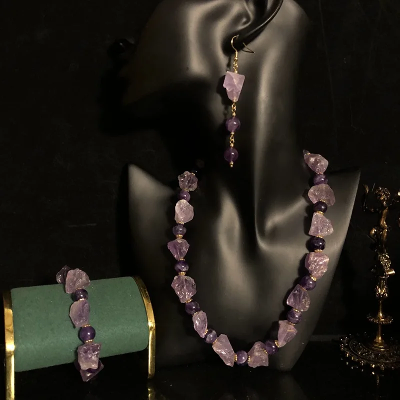 Mid-Ancient Natural Amethyst Necklace Bracelet Earrings Set Elegant All-Match Necklace Bracelet Vintage