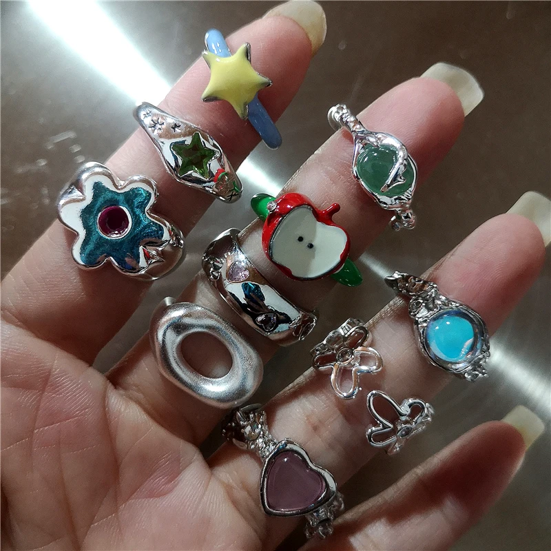 Koreanische Mode Niedlicher Herz-, Apfel-, Stern- und Geometrischer Offener Metallring für Frauen Y2K Gothic Kreativer Charm Grunge Schmuck Accessoires – Detail 2