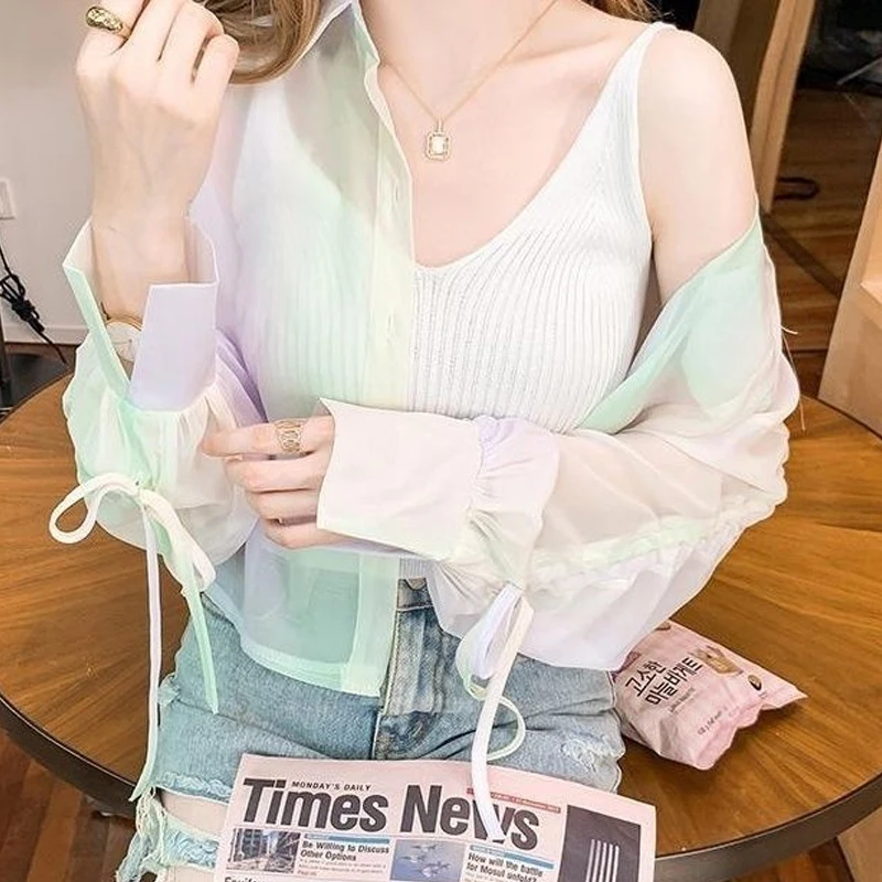 Summer New Tie Dye Drawstring Thin Short Shirt Tops Long Sleeve Polo Neck Pockets Trend Blouse Fashion Casual Women Clothing