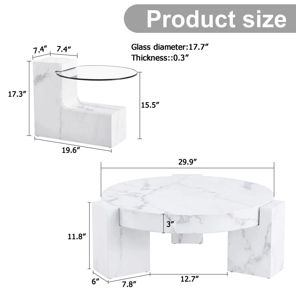 Conjunto de mesas de centro de madeira com 2 mesas de centro de mármore falso com mesa central superior de vidro