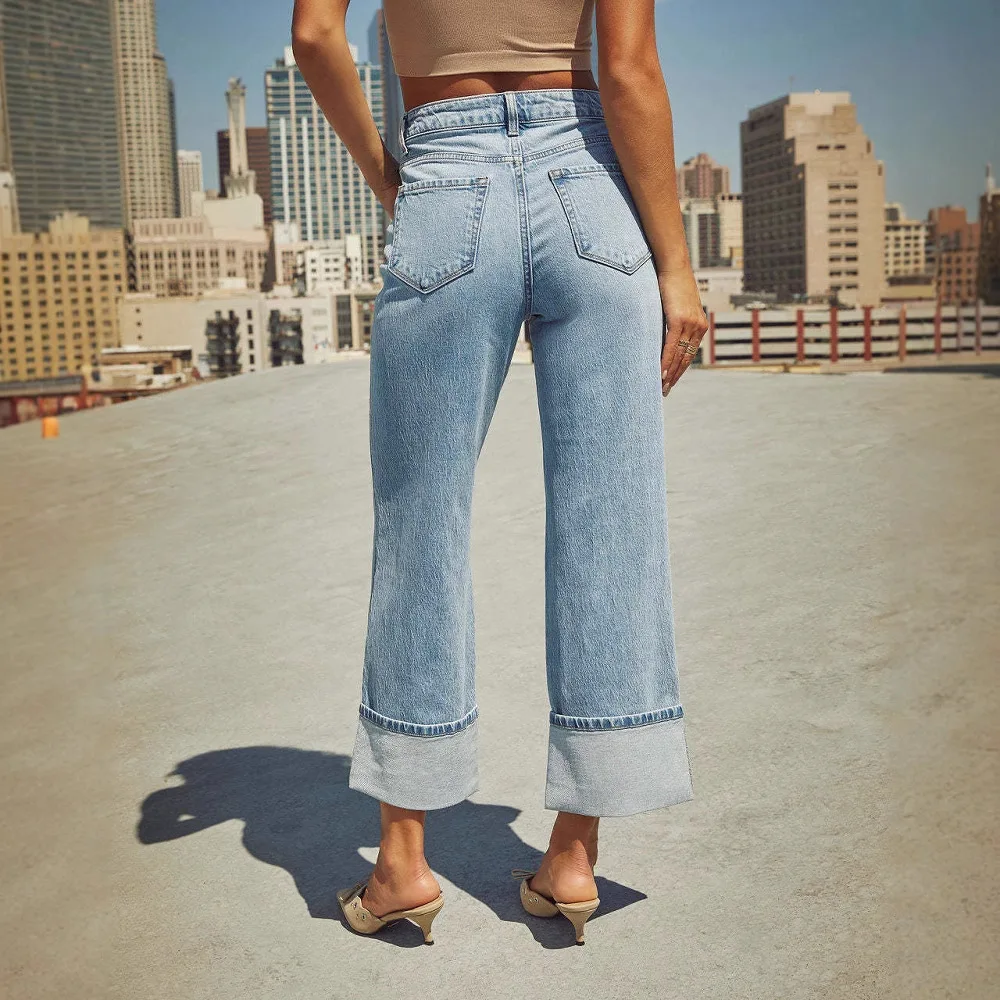 Straight Leg Jeans Retro Rolled Edge High Waisted Elastic Pants