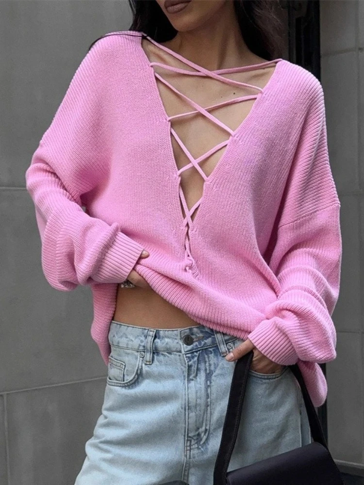 

Tossy вязаный ажурный пуловер с v-образным вырезом, топ для женщин, однотонный свободный повседневный лоскутный трикотаж, женский свитер, пуловер