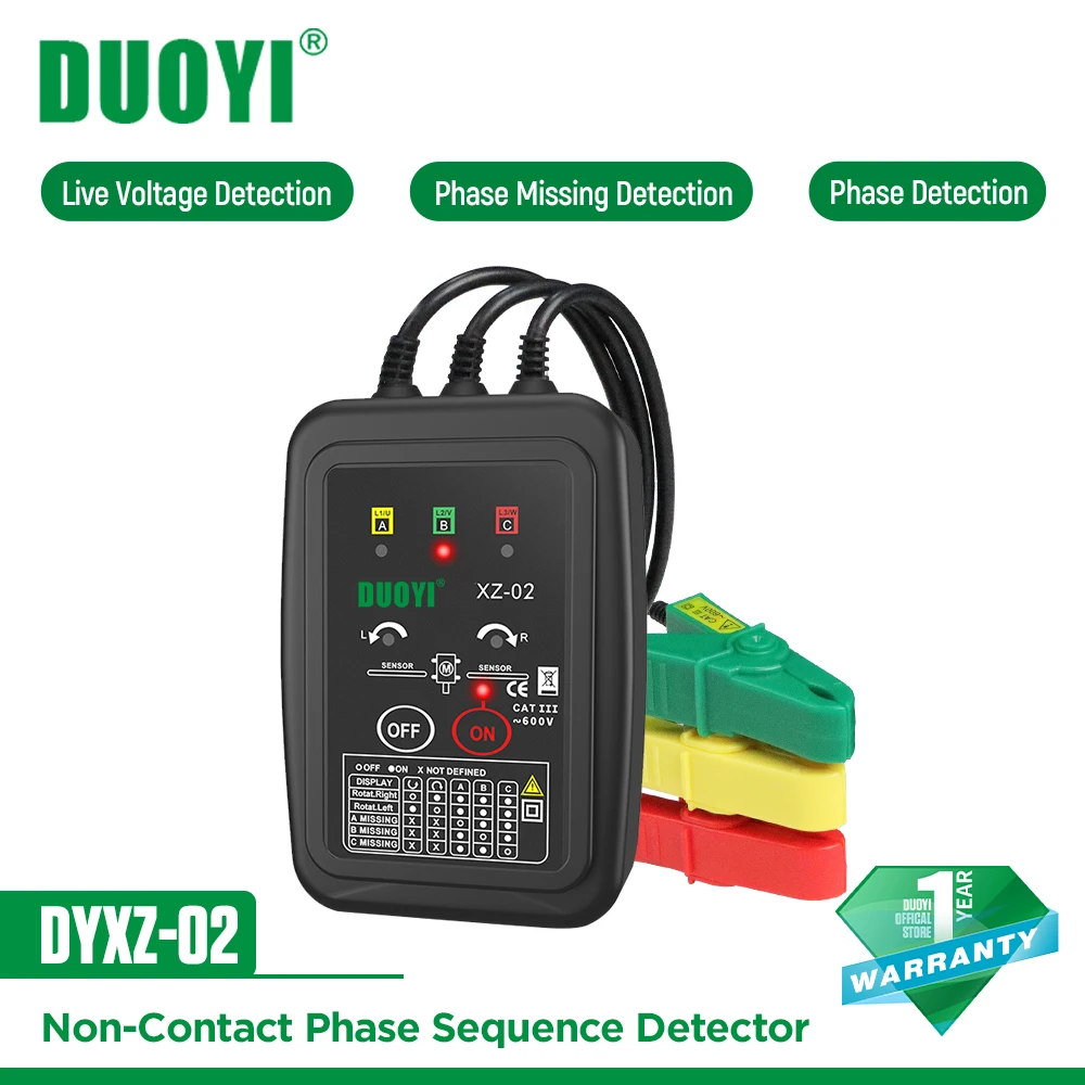 DUOYI DYXZ-01 DYXZ-02 3 Phase Detector Rotation tester Non-Contact Phase Sequence Detector Meter Indicator Digital LED Buzzer