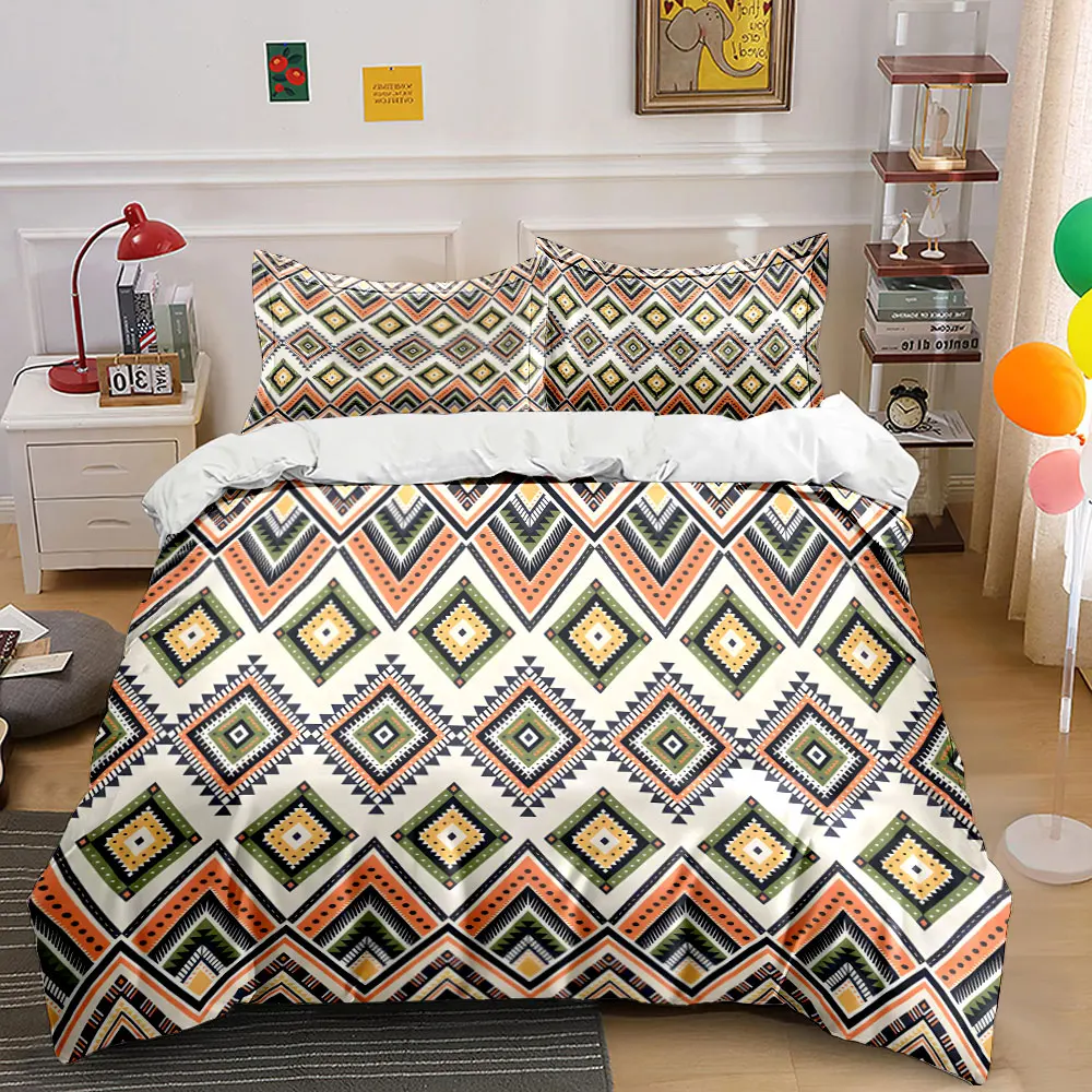 Geometric Diamond Tribal Pattern Background Bedding Set for Kids Luxury Gift 3pcs Digital Print Comforter Set Soft Comfortable