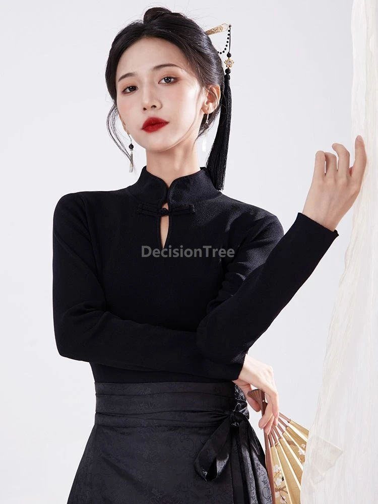 بلوزة محبوكة كلاسيكية بسيطة موديل 2025 ذات رقبة عالية ومزاج نحيف وأكمام طويلة من تشيباو الصينية بلوزة أنيقة عتيقة #3