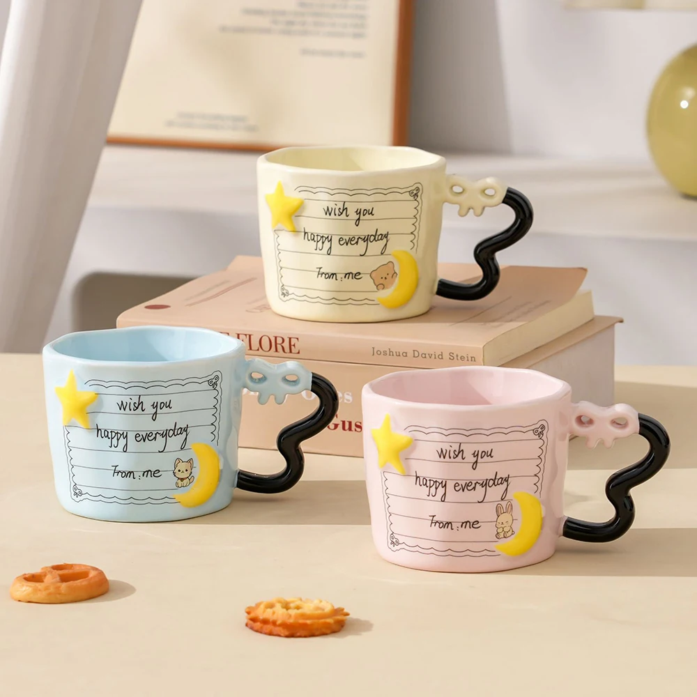 Cute 3D Star Moon Ceramic Coffee Mugs Home Office Daily Use Exquisite Creative Letter Print Porcelain Water Cups Bow Handle Mug