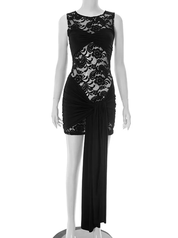 Blifanbo renda sexy ver através mini vestido feminino em torno do pescoço fita fina sem mangas retalhos verão moda sexy clube vestido de festa