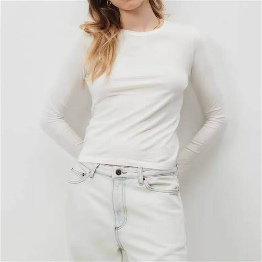 

Back Seam Cotton Basic T-Shirt for Women Long Sleeve Elegant Pullover Tee Top Early Autumn Clothing