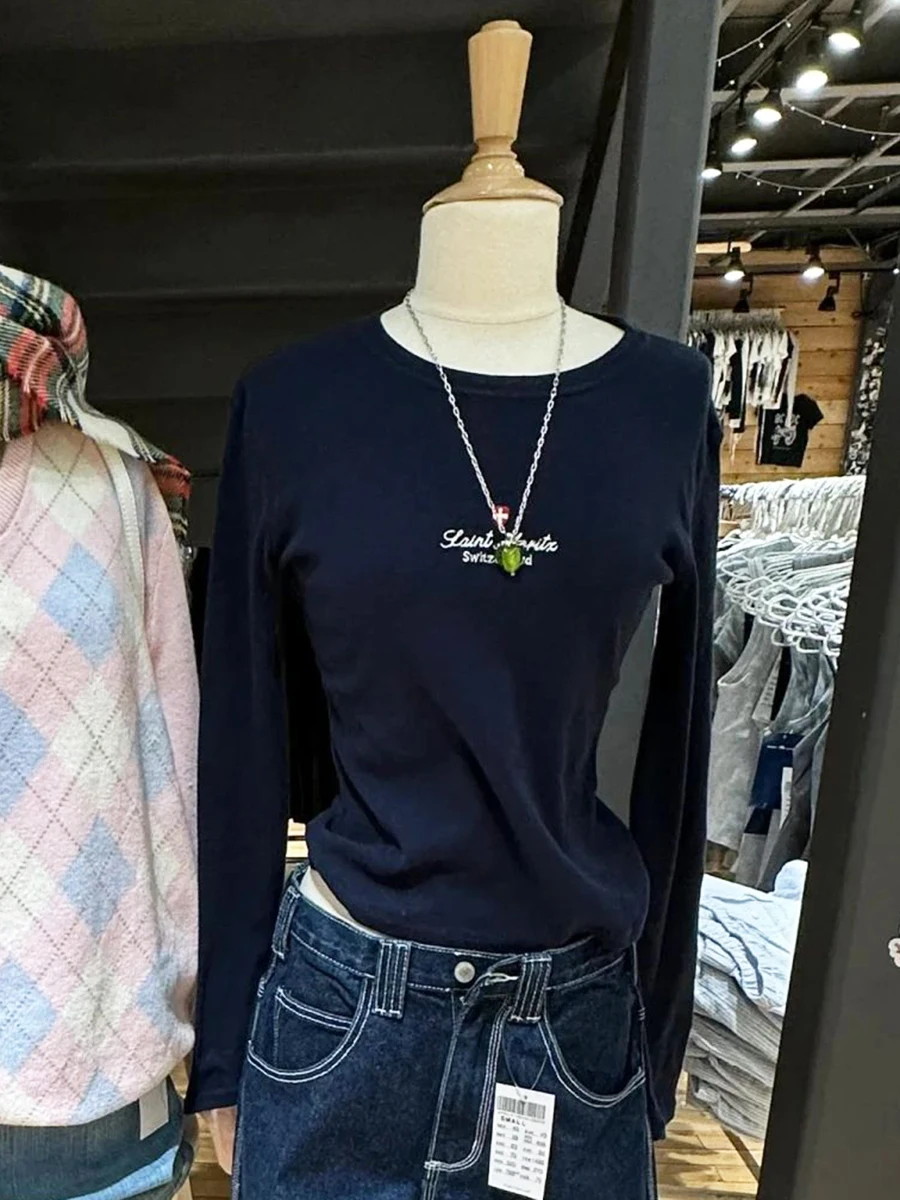 

Vintage Navy Flag Embroidery Long Sleeve Tees Women Autumn New Slim Round Neck T-shirts Casual Streetwear Cotton Crop Top Y2k