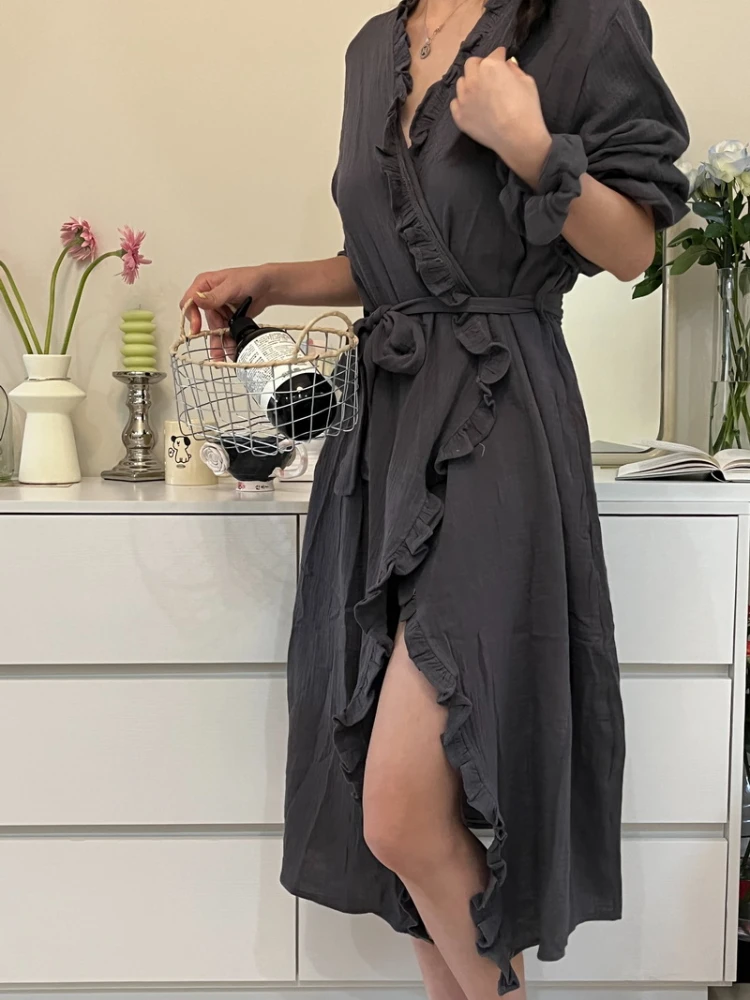 Robes Women V-neck Ruffles 4 Colors Fashion Sexy Sleepwear Simple Sleepwear Midi Nightdress Bathrobe Comfortable Homewear Ins