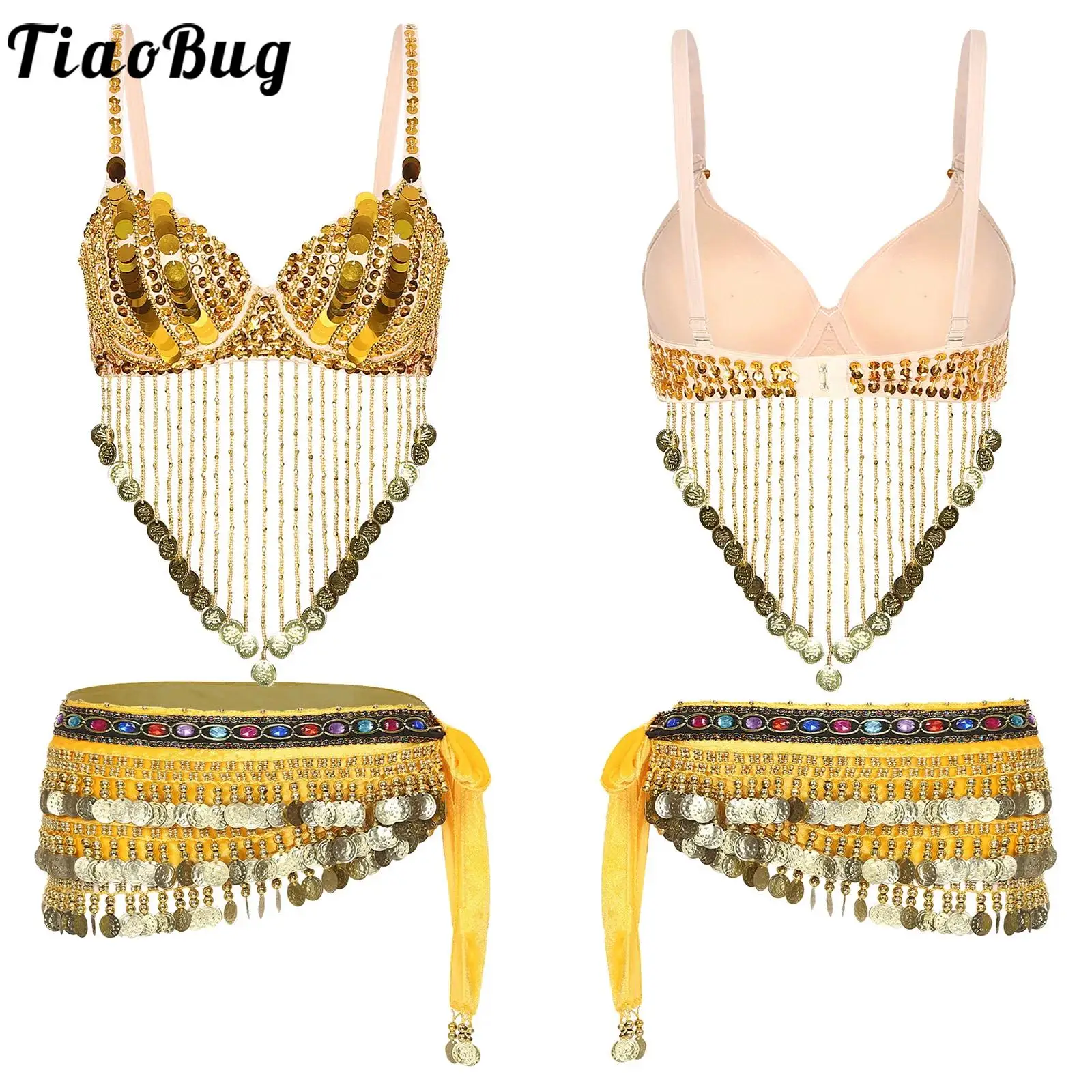 

India Arab Dancer Outfit for Women Sexy Belly Dance Hip Scarf Wrap Belt Female Show Sequins Tassel Underwired Bra Party Costumes