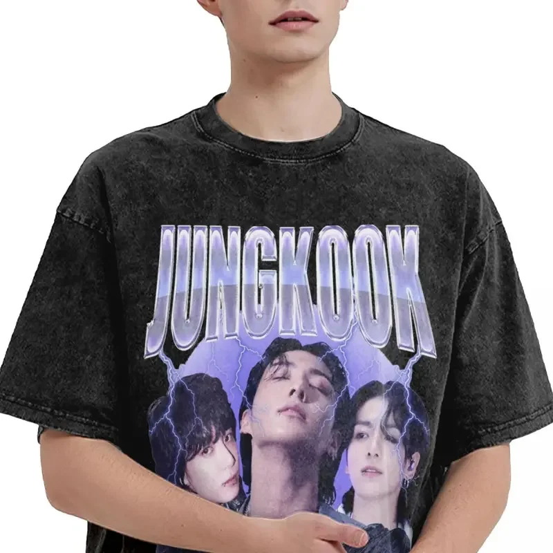 Jungkooks T shirt hip hop washed short sleeve High Street T-shirt Vintage Men Women tops streetwear summer tee shirt