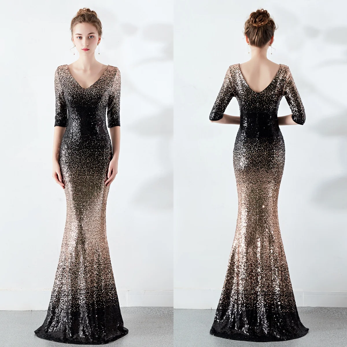 

Evening Dress Black Golden Sequins V-neck Half Sleeves Zipper Back Mermaid Floor Length Trumpet Women Party Formal Gown YE392