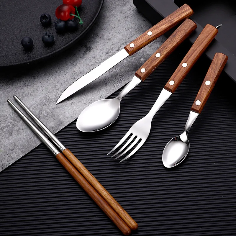 Wooden Handle Cutlery Set Western Stainless Steel Spoon Chopsticks Steak Knife Fork Tableware Vintage Dinnerware Kitchen Utensil