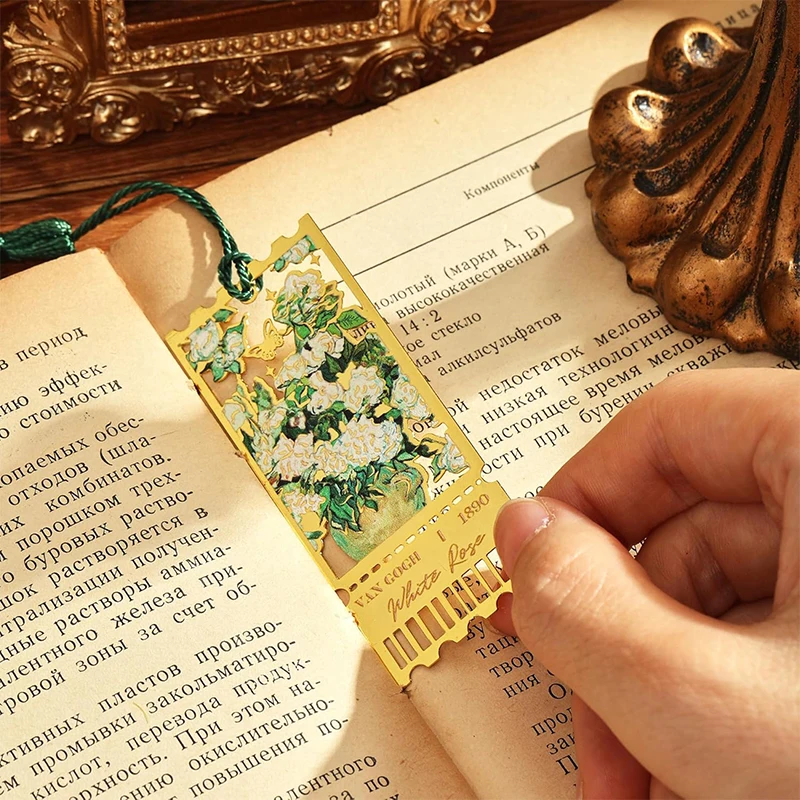 Metal Bookmark Oil Painting Flower Cutout Tassel Bookmark Reading Book Separator Reading Accessories Metal Book Point Teacher