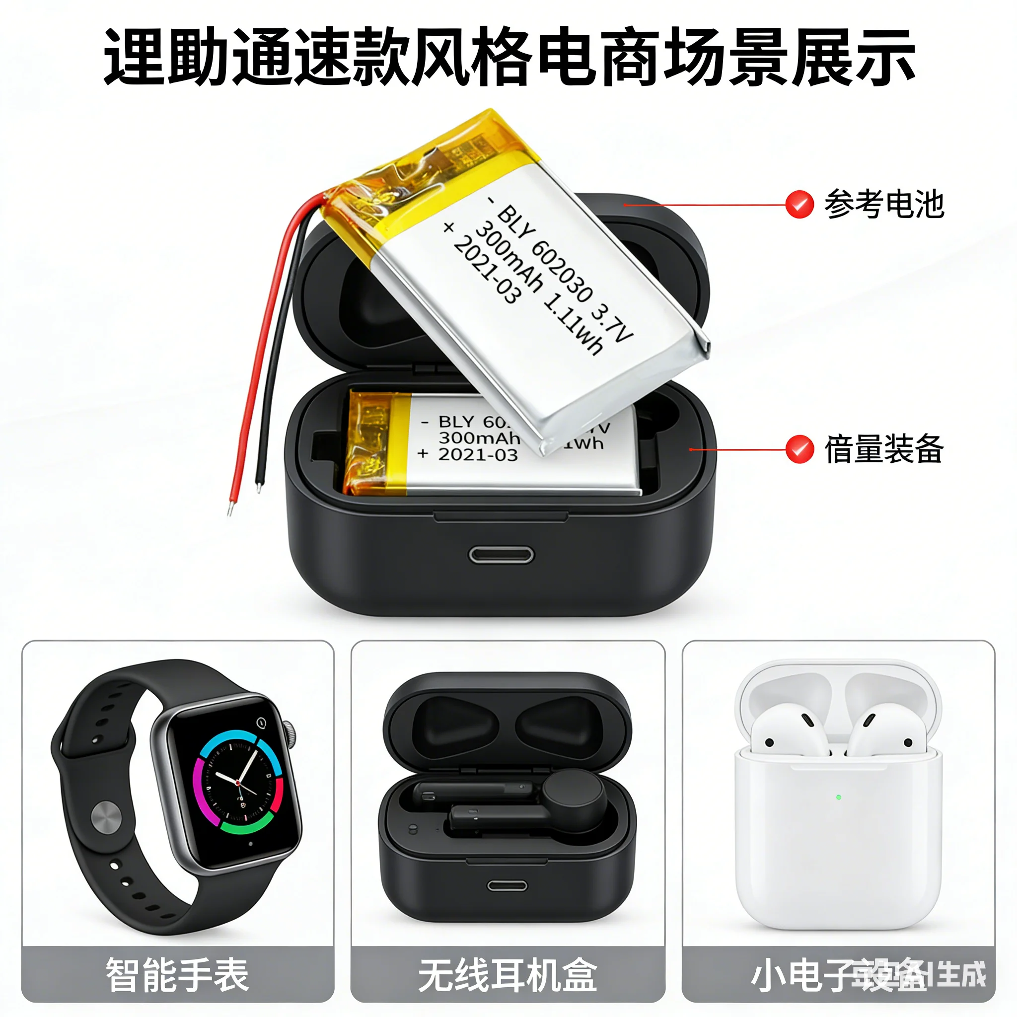 602030 3.7V 300mAh  Polymer Lithium Ion Rechargeable Battery for Toys, LED Lights, Bluetooth Speakers，Lighting, Digital Products