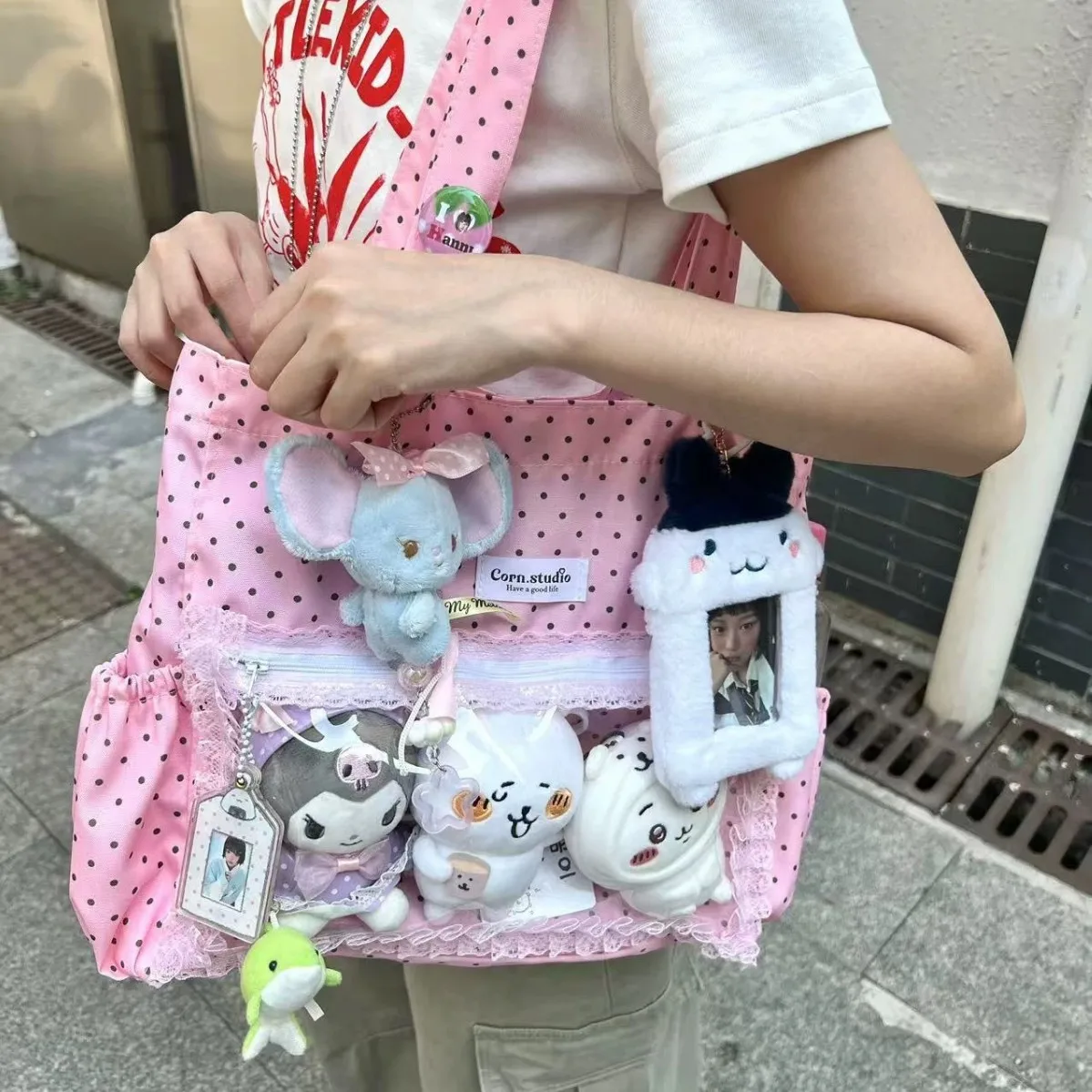 

Новая вместительная модная сумка-тоут из холщовой ткани в горошек, повседневная сумка для поездок на работу, милая сумка Ulzzang Y2k Ita Bag для девочек