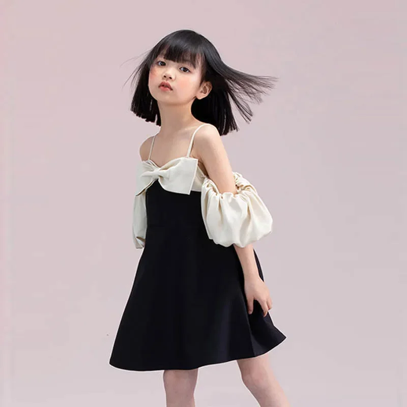 Baby Girl Bow Off Shoulder Dress Kids Bridemaid Wedding Dresses for Children Black Teen Girls Boutique Party Wear Elegant Frocks