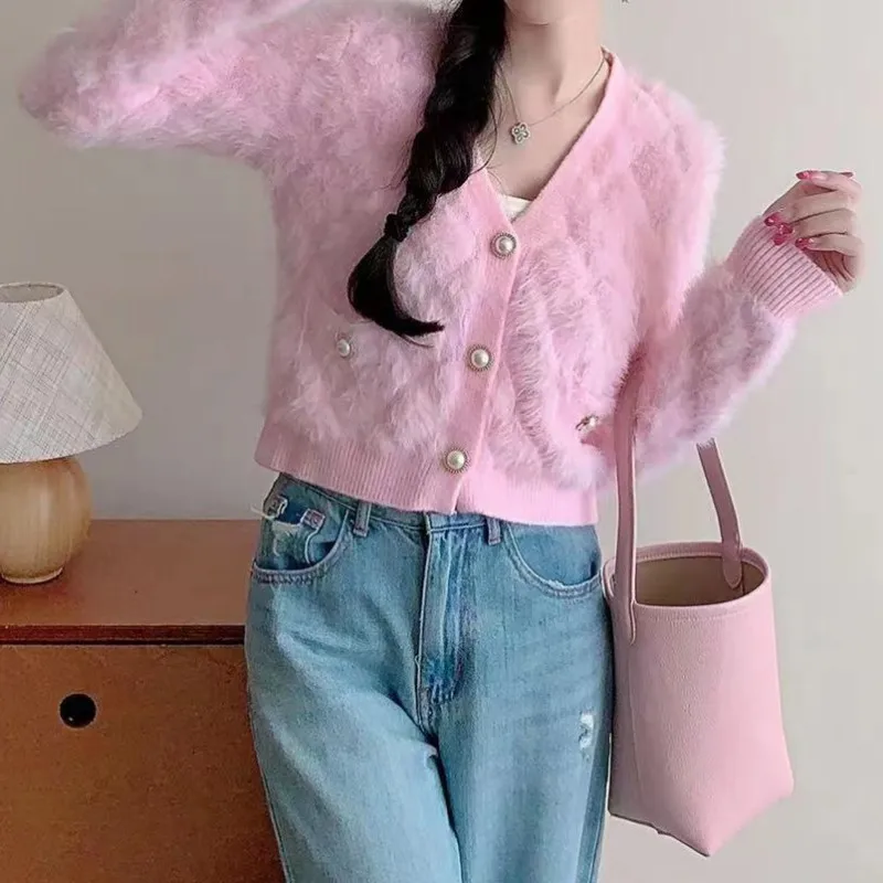 Women Mohair Cardigan Blue Soft Fuzzy Knit Sweater with Pearl Button Autumn Winter