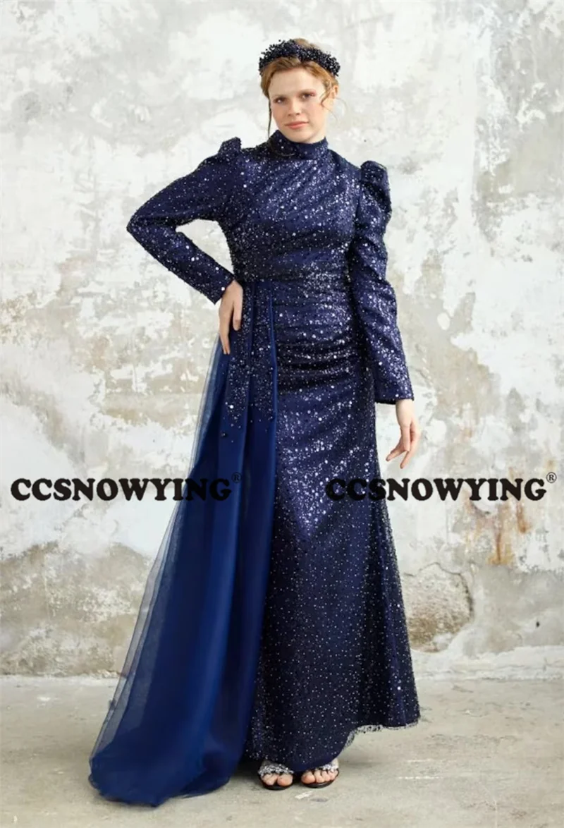 

Sparkly Sequin Long Sleeve Mermaid Muslim Evening Dress Islamic Formal Party Gown High Neck Women Arabic Kaftan Robe De Soiree