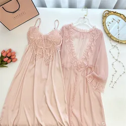 Sexy Lace Bathrobe Gown Suit Women Kimono Sleepwear Bride Twinset Robe Set Court Style Mesh Nightgown Summer Ice Silk Loungewear