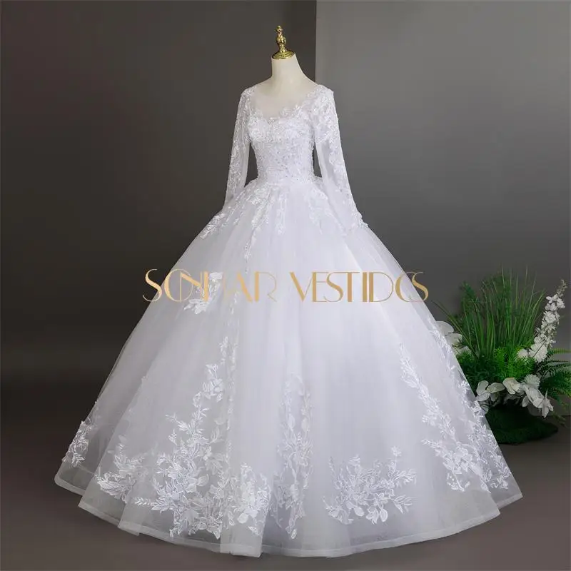 웨딩 드레스 긴 소매 순백색 달콤한 웨딩 파티 드레스 럭셔리 레이스 플러스 사이즈 신부 드레스 맞춤형 2025 신상