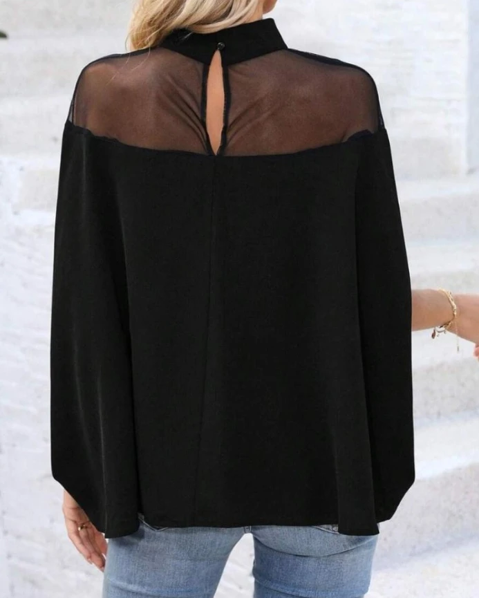 Rhinestone Sheer Mesh Patchwork Mock Neck Top Casual Batwing Sleeve Shirt Blouse