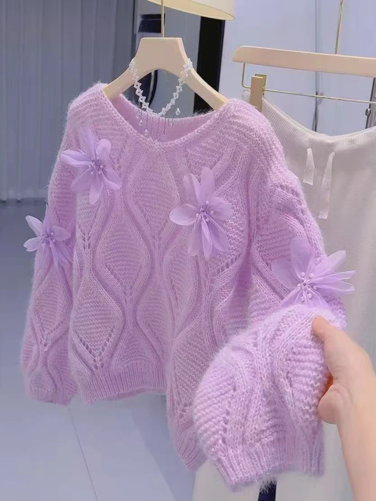 

Sweet Sle Purple Knitted Sweater Hollow out 3D Flower Women's Faionable Autumn Winter New Arrival Versatile Sweater Girls