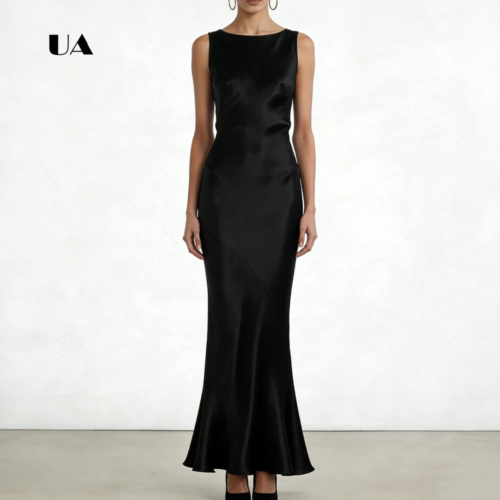 

ULBYANRY Satin Mermaid Prom Dress with Cowl Back, Solid Scoop Neck Evening Dress for Woman, Simple Draped Customized Party Gown