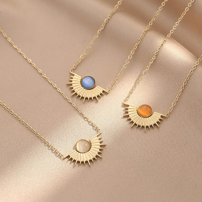 Classic Boho Natural Opal Sunflower Necklace women Luxury Stainless Steel Choker Fashion Design Pendant Jewelry Accessories Gift