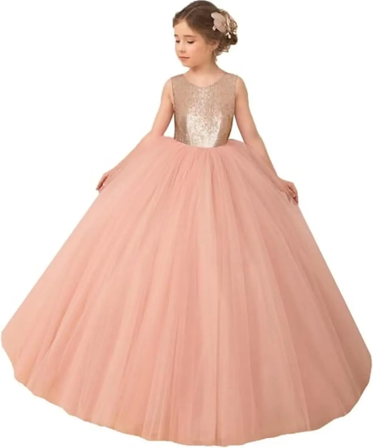 Vestidos de princesa para niña, vestidos de boda de tul con lentejuelas, vestido de primera comunión con cuello redondo, vestido de desfile para niña, vestido de baile Formal