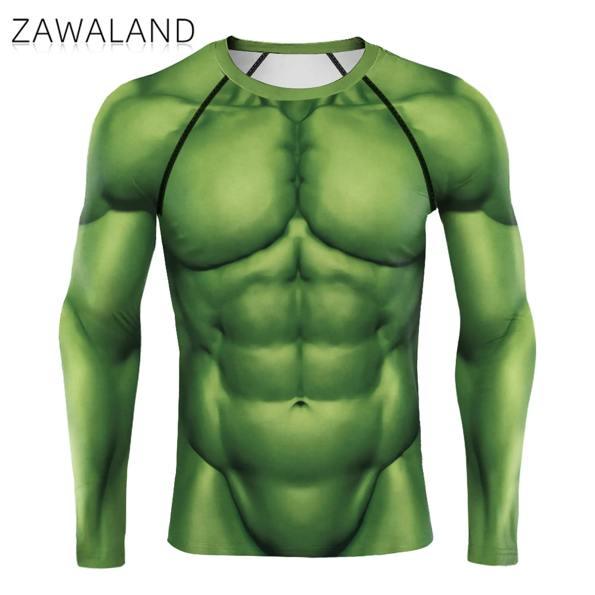 Zawaland Compression Long Sleeves Anime Movie Superhero Cosplay Shirts Green Muscle Printed Zentai Sport Tops Tees Workout Suit