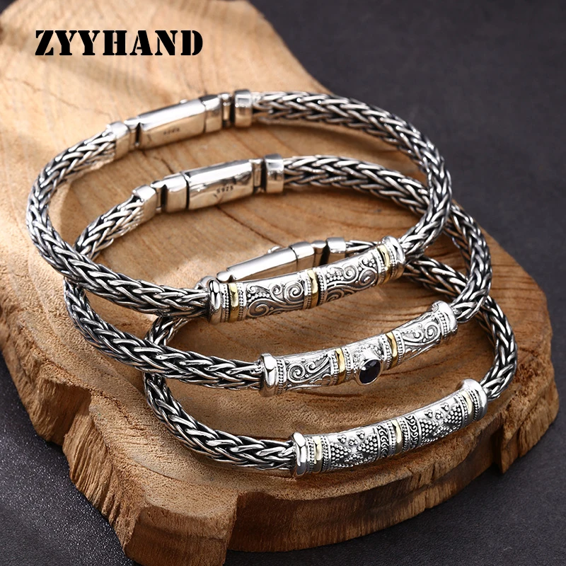 

S925 Sterling Silver Weave Bracelet Unisex Black Thailand Style Mid-East Design Blue Zircon Ribbon Fine Jewelry FYRNG091