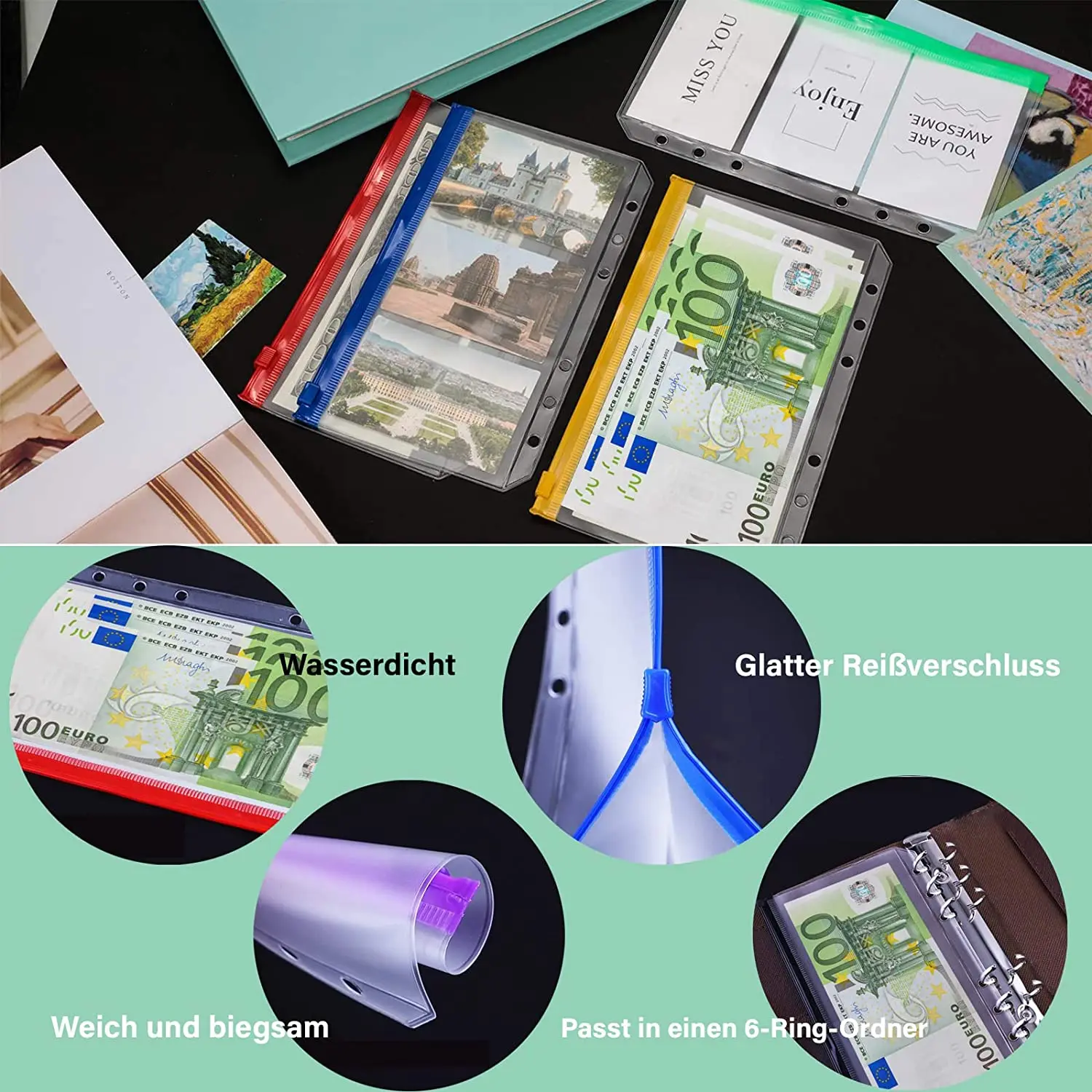 19 Pcs A6 Binder Folder 6 Holes Pvc Transparent Zipper Pockets, Colorful, Card, Waterproof Budget Envelope, for Notebook Planner