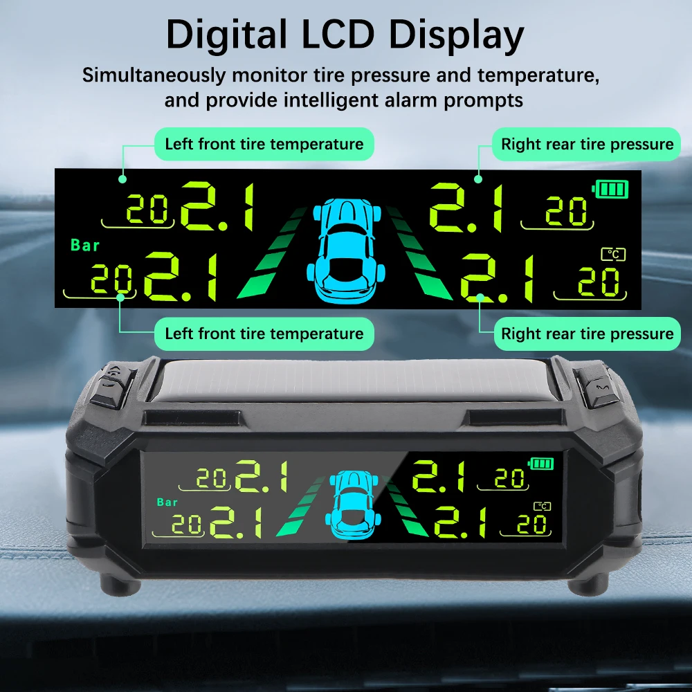 

Auto Security Alarm Systems Car Tire Pressure Monitoring System Tyre Temperature Monitor Digital LCD Display USB / Solar TPMS