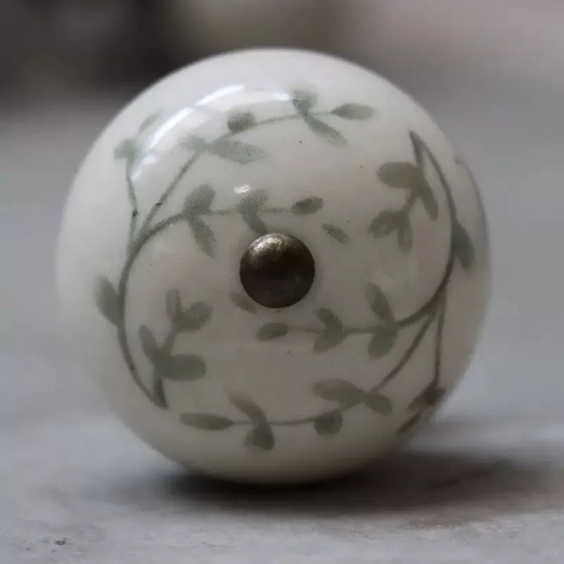 Vintage Ceramic Cabinet Knob, White with Gray Floral Pattern, 41mm x 37mm Round Door Handle, Panel Installation Compatible