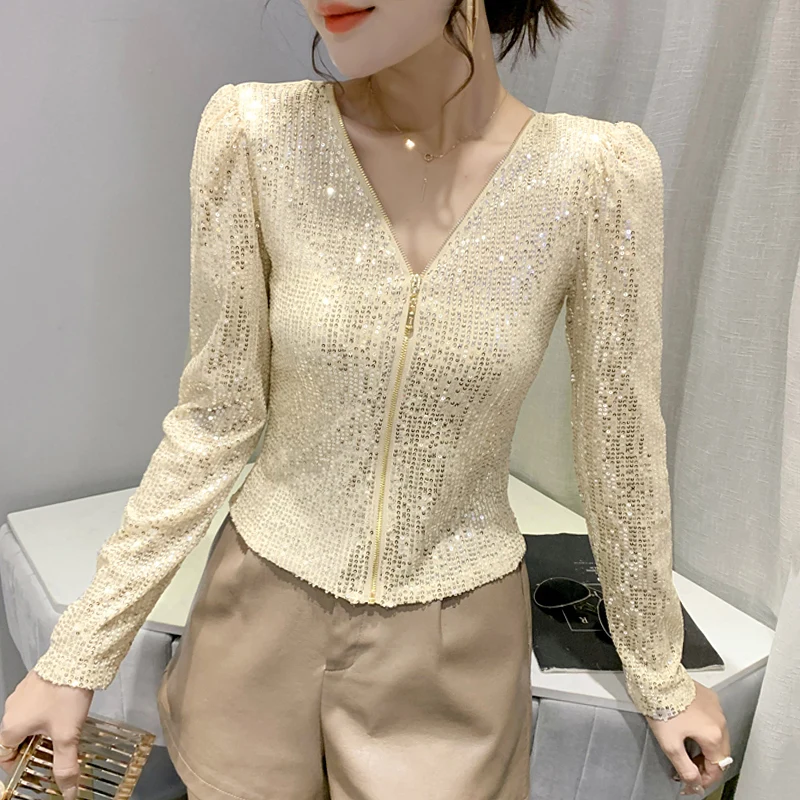 كارديجان نسائي أنيق بترتر وسحاب، سترة طويلة للخريف والشتاء، تصميم كوري ضيق بياقة على شكل V