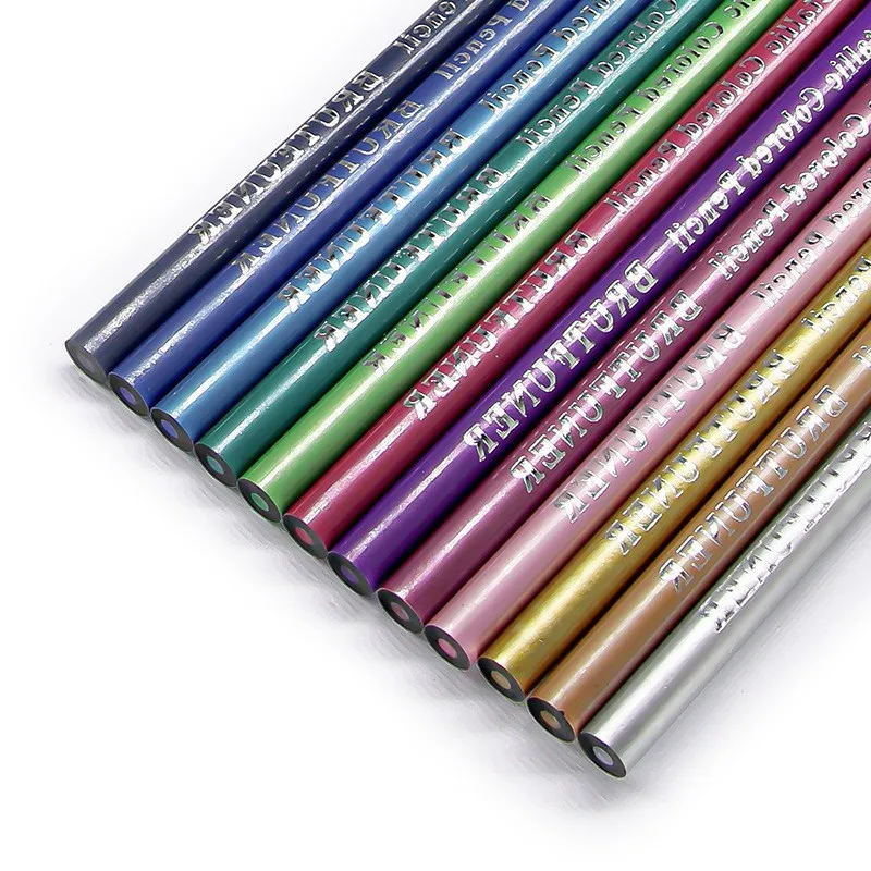 12 PCs Metallic Colored Pencils. Black Wood 12 Color Drawing Pencil Family Painting. Coloring, Sketching, DIY Art Supplies