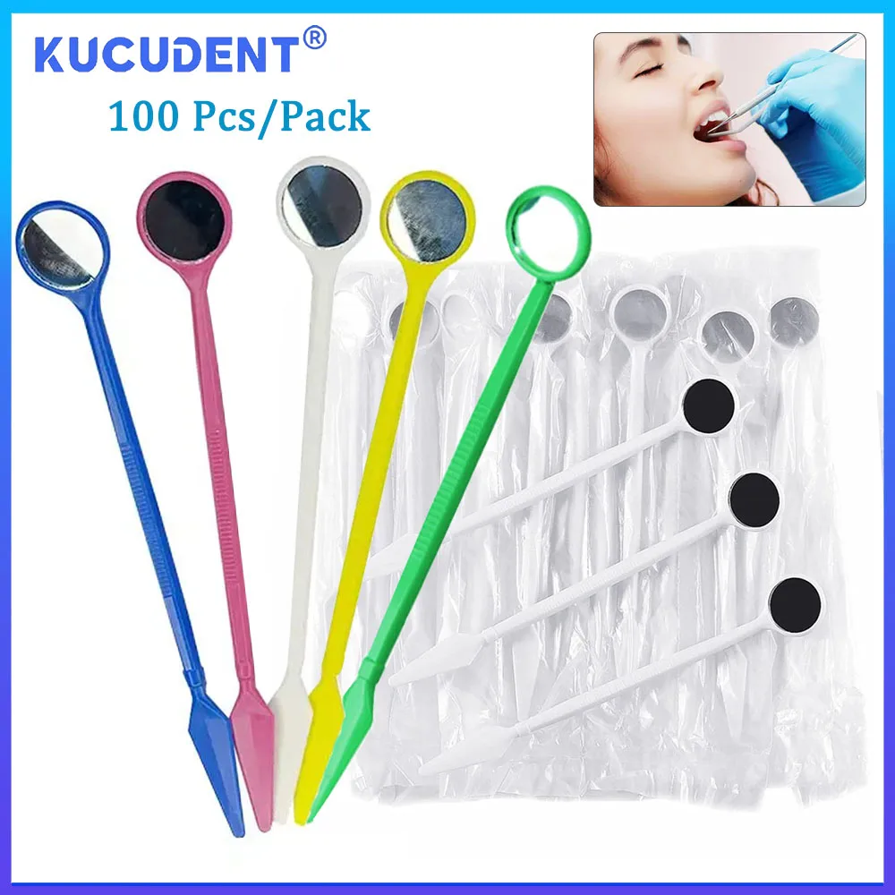 KUCUDENT 100 Pcs Dental Mouth Mirrors Curve Angle Disposable Dentistry Oral Exam Mirror Plastic Teeth Whitening Dentist Tools