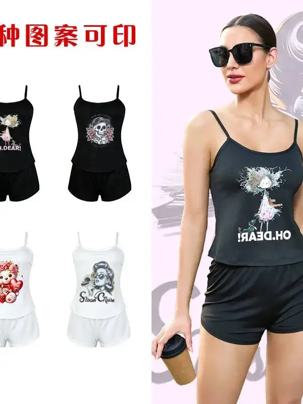 Women's Camisole Shorts Homewear Set Cartoon Personalized Print Homewear Shorts Sets Pure Desire Charming Backless Deep V QBM4