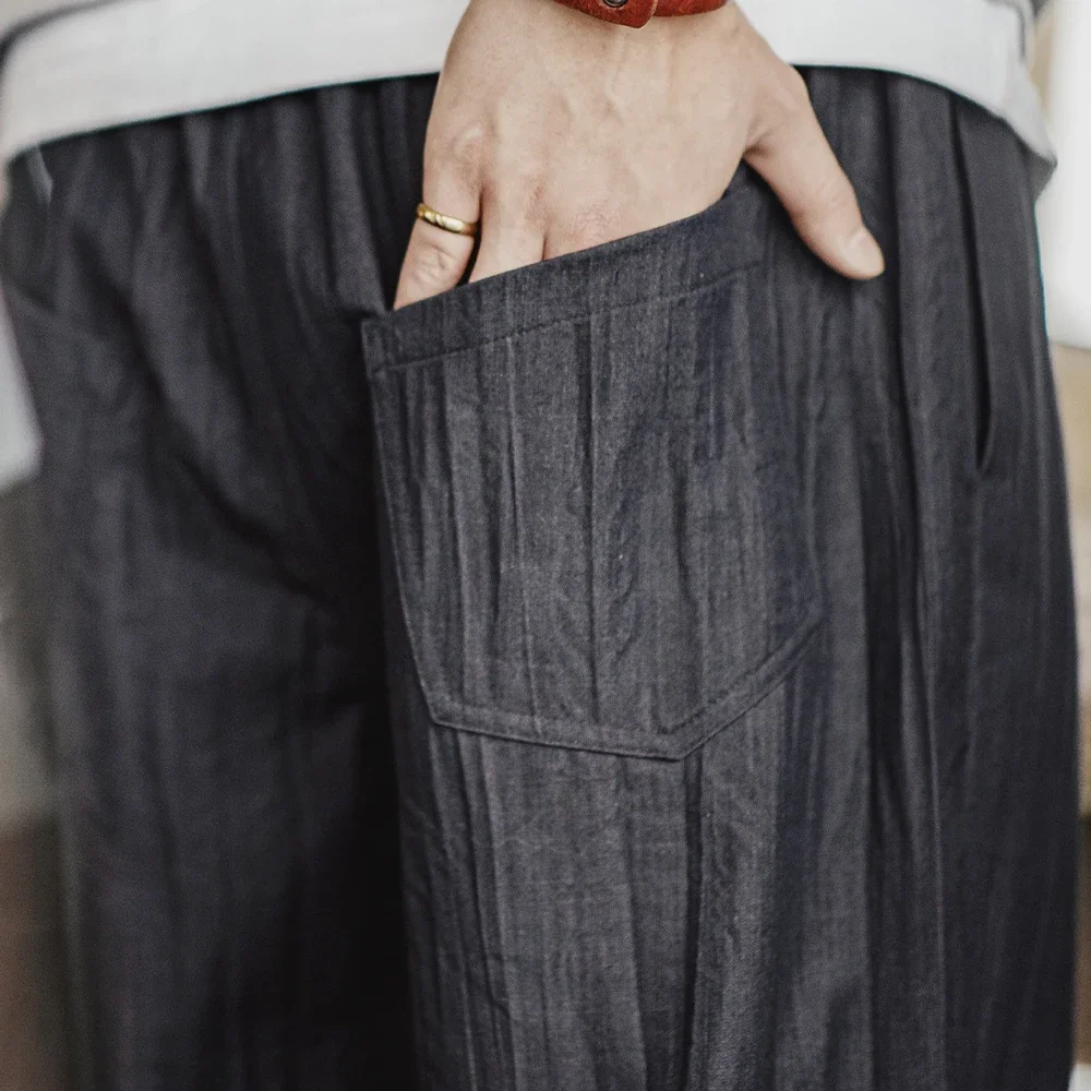 Maden Casual Cool TR Water Wave กางเกงจีบผู้ชายฤดูใบไม้ผลิและฤดูร้อนสไตล์ Cityboy กางเกงทรงหลวมพร้อมก้นเอวยางยืด