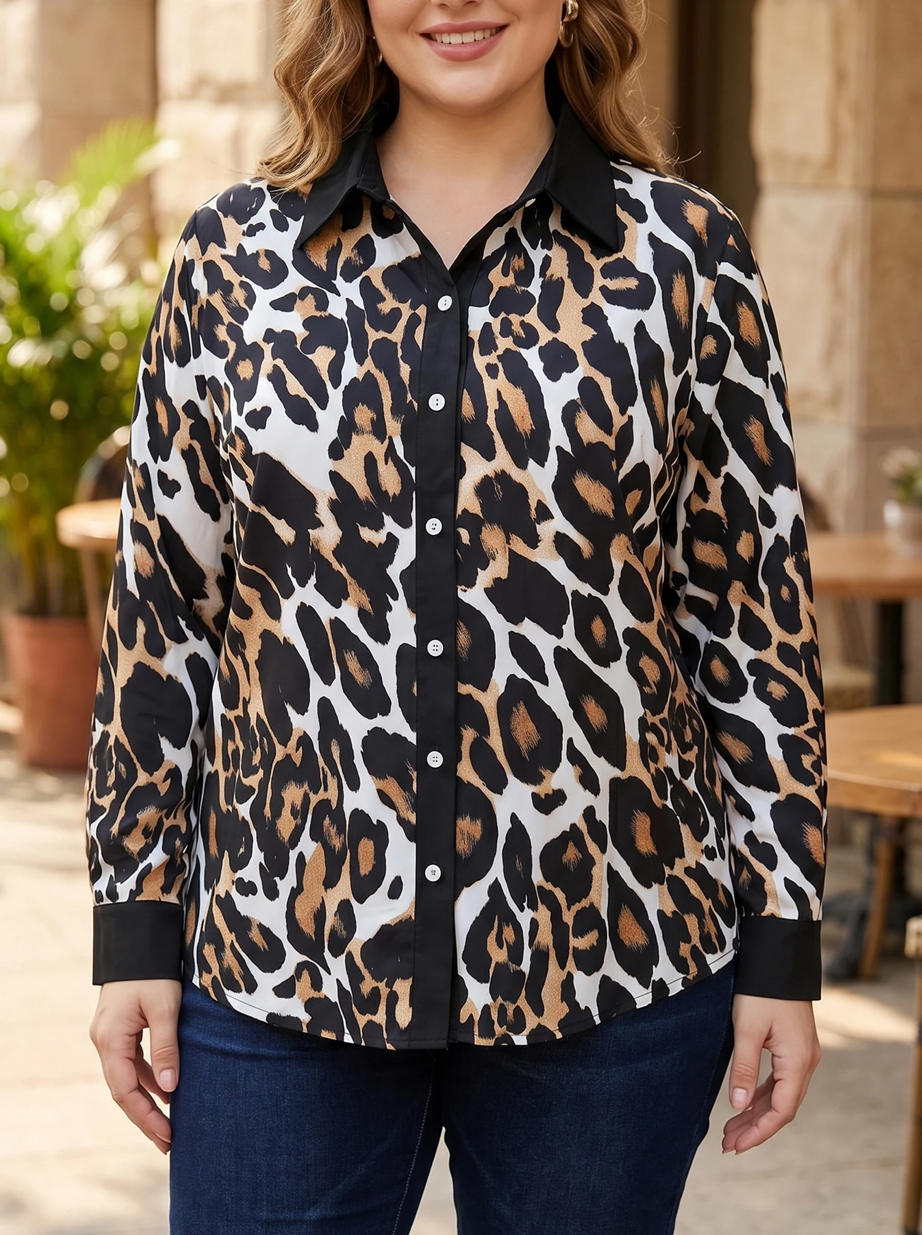 

Gadinus Plus Size Women's Leopard Print Button Down Shirt Casual Long Sleeve Collared Blouse Loose Fit Tunic Top