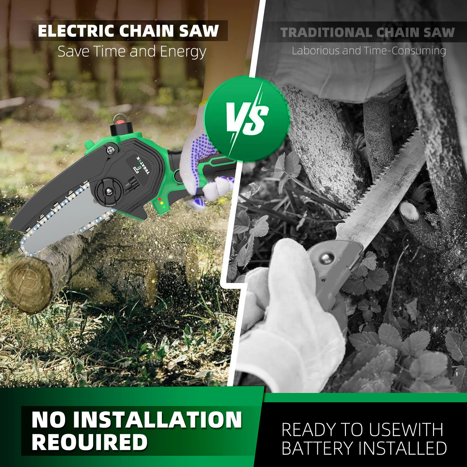 منشار Tegatik Mini Chainsaw اللاسلكي 4 بوصة منشار سلسلة قابل لإعادة الشحن مع 2 قطعة بطاريات وسلاسلين